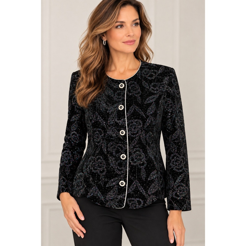 R&K Evening Black Velvet Floral Glitter Jacket Large Whimsigoth Glam Blazer